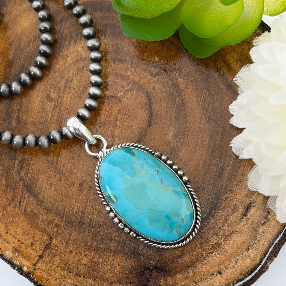 Southwest Boho 925 Genuine Mohave Turquoise Pendant Navajo Pearl Style Necklace
